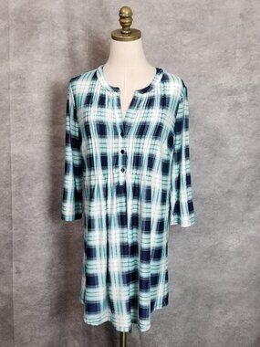 Serengeti Pintuck Plaid Tunic Size M Navy Blue White 3/4 Sleeve Flowy Fit
